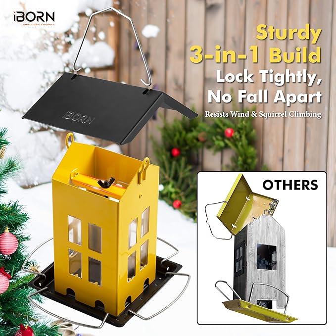 iBorn Bird Feeder House, Metal Bird Feeders for Outdoors Hanging,Double-Sided Metal Hanger & Weatherproof, Easy to Clean & Refill, 2.2 Lbs Capacity, Yellow