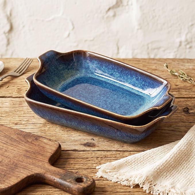 Ceramics Au Gratin baking Dishes Set of 2, Baking Tray Bake ware, 14.4oz Ramekins, for Pie Pan, Appetizer, Tart, Dessert, Quiche, Oven Small dish, individual dishes, Rectangular 9.8 Inch