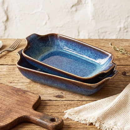 Ceramics Au Gratin baking Dishes Set of 2, Baking Tray Bake ware, 14.4oz Ramekins, for Pie Pan, Appetizer, Tart, Dessert, Quiche, Oven Small dish, individual dishes, Rectangular 9.8 Inch