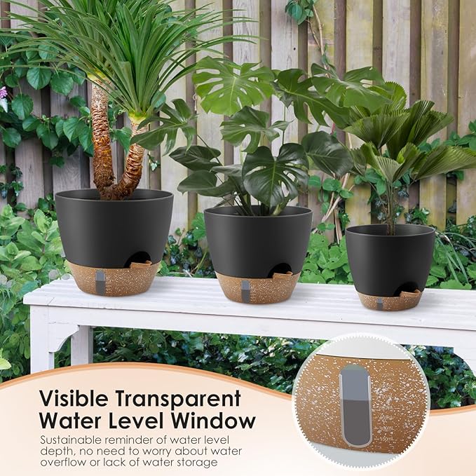 QRRICA 12/10/9 Inch Self-Watering Plant Pots with Water Level Indicator, Drainage Holes & Saucers – Large Plastic Planter Set for Indoor & Outdoor Plants(Black)