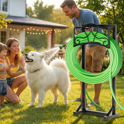 Heavy-Duty Garden Hose Holder with Tool Hooks and Stable Base, Metal Hose Hanger Garden Hose Storage Holds 160Ft, Rustproof Freestanding Water Hose Holder for Outside, Yard, Lawn, Farm