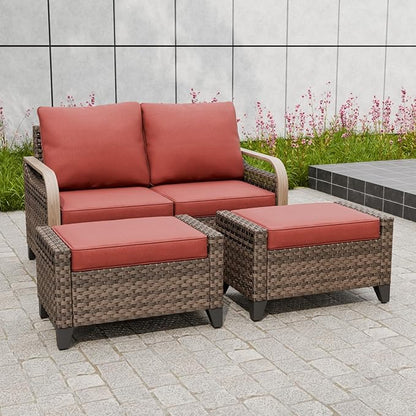 Modern Wicker Patio Furniture Set, Rattan Outdoor Conversation Set with Comfortable Cushions, 2 Seat Loveseat and 2 Ottomans, 3 Pieces, Brown/Red