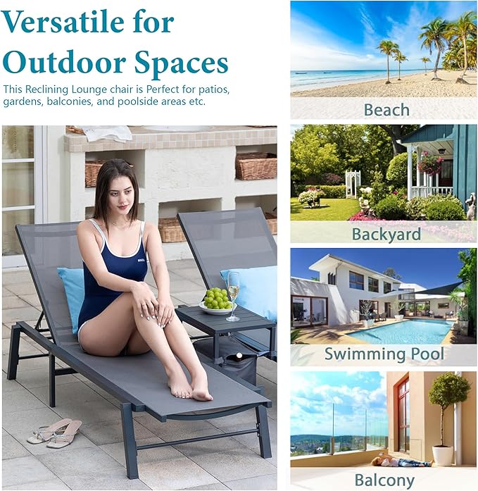 Brafab Outdoor Lounge Chair Set - 3 Pieces Aluminum Patio Chaise Chairs Set, Pool Loungers with Side Table & Insulated Cooler Bag, Adjustable Backrest Beach Chair for Poolside Garden Lawn Deck, Grey