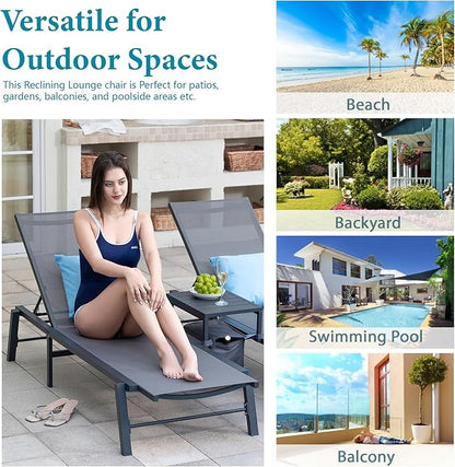 Brafab Outdoor Lounge Chair Set - 3 Pieces Aluminum Patio Chaise Chairs Set, Pool Loungers with Side Table & Insulated Cooler Bag, Adjustable Backrest Beach Chair for Poolside Garden Lawn Deck, Grey