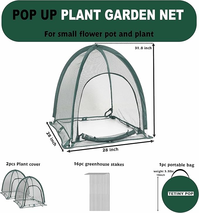 2pcs Quick Set up Pop up Garden Netting 28”x28”x32”Portable Plant Cover Net ,Locusts,Birds,Small Animal Garden Fruit and Flower Cages Portable Carry Bag with 16 Stakes