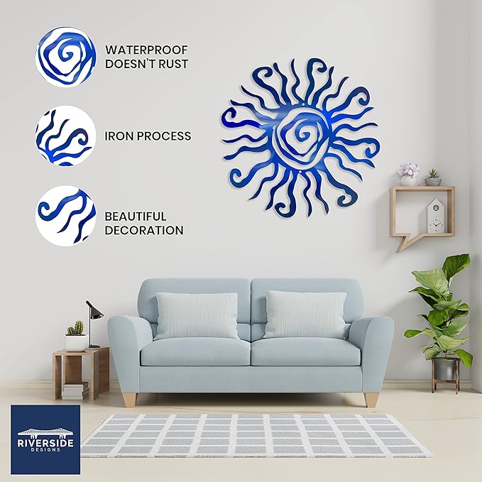 Riverside Designs Wacky Sun Metal Wall Art Indoor/Outdoor Decor - 24" Blue Rust Proof Wall Sculpture - Made in USA - Ideal for Bedroom, Garden, Home, Patio and Farmhouse