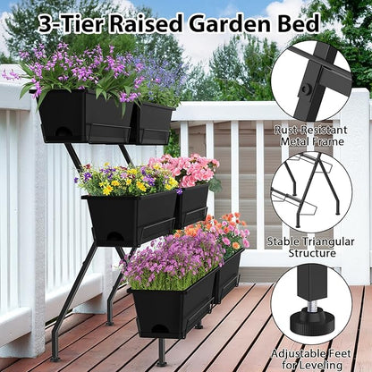 Sunexinlo 3-Tier Vertical Garden Planter with 6 Boxes, 31" Tall Raised Garden Bed with Adjustable Feet for Herbs, Flowers, Vegetables, Ideal for Indoor, Outdoor, Patio, Balcony, Deck Use, Black