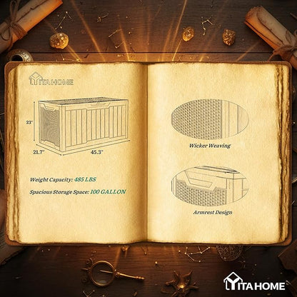 YITAHOME 100 Gallon Large Outdoor Deck Box, Waterproof Resin Storage Box, Lockable Indoor Outdoor Storage Container for Patio Furniture Cushions, Pool Accessories, Garden Tools, Black