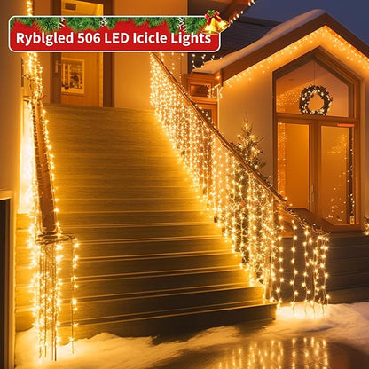 Plug-in Icicle Christmas Lights Waterproof - 65Ft 506 LED Icicle Lights for Outside Decorations with Remote, Warm White Icicle String Lights for Outdoor Indoor House Balcony Decor