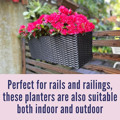 LaLaGreen Deck Railing Planter Box (20 Inch, 4 Pack) Black Rectangular Window Flower Boxes with Bracket, Self Watering System Hanging Planter Box for Outdoor Plant Container Herb Rail Fence Balcony