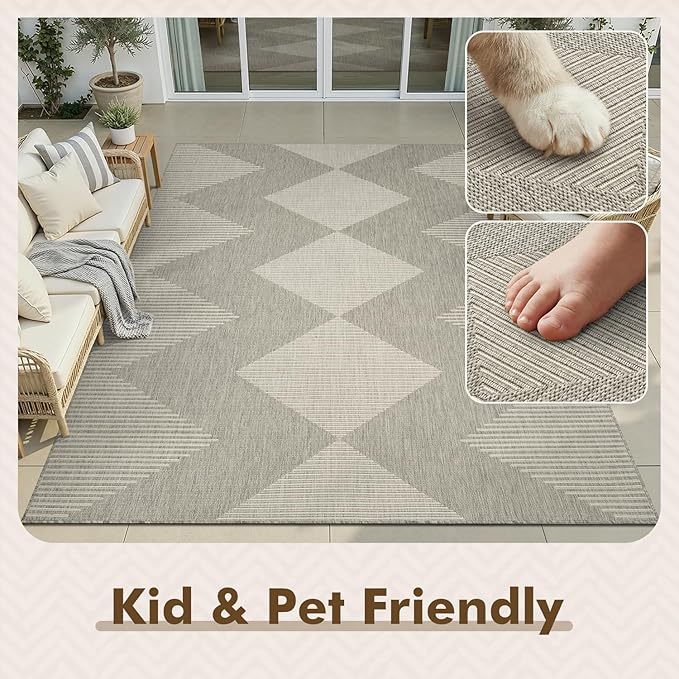 MontVoo-Outdoor Rug Carpet Patio Rug 4x6 ft Polypropylene Indoor Outdoor Rugs for Patio Deck Balcony Porch, Textured Weave, Durable for High Traffic, Fade-Resistant, Boho Geometric Silver Grey
