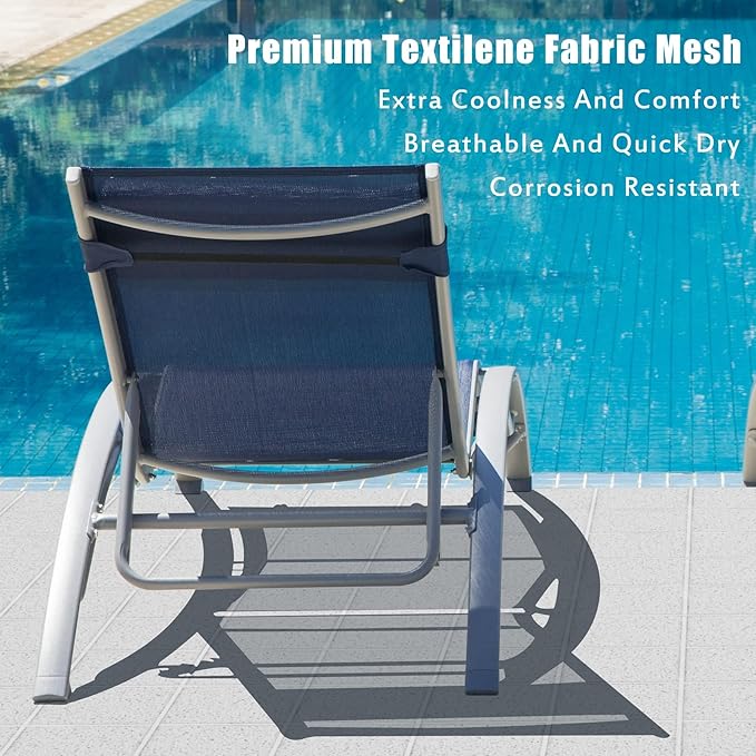 Domi Outdoor Chaise Lounge Set of 2, Patio Recliner Chairs with Adjustable Backrest and Removable Pillow for Indoor & Outdoor Relaxation by The Beach, Pool, or Sunbathing on The Lawn, Navy Blue