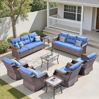 Outdoor Patio Furniture Set-9 Piece High Back Outdoor Furniture Set Sectional Sofa with Wicker Swivel Rocker Patio Chairs,Thick Cushions Ottomans for Porch Balcony Patio Deck Brown/Blue