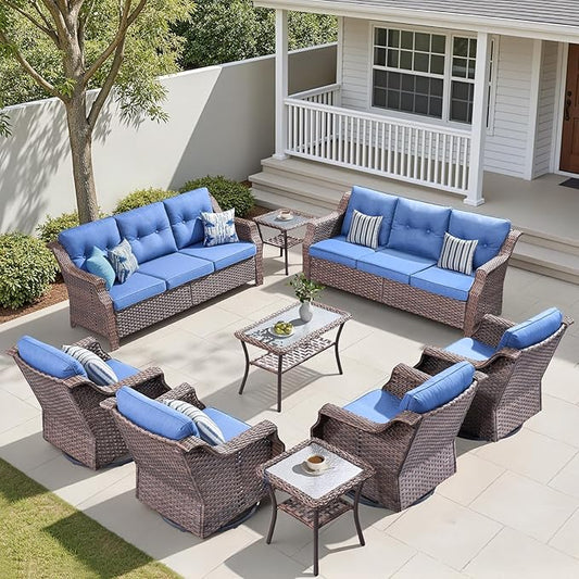 Outdoor Patio Furniture Set-9 Piece High Back Outdoor Furniture Set Sectional Sofa with Wicker Swivel Rocker Patio Chairs,Thick Cushions Ottomans for Porch Balcony Patio Deck Brown/Blue