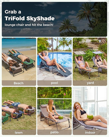 KingCamp Tanning Chair with Face Hole, Lounge Chairs Outdoor Folding Portable Comfy Adjustable 5-Position Foldable Chaise Chaser with Canopy Shade for Outside Beach Patio Sun Bathing Pool, Beige/White