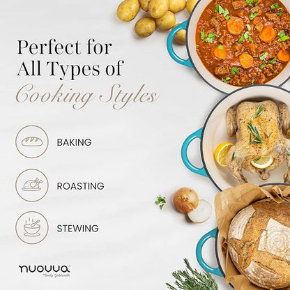 Cast Iron Pot with Lid - Non-Stick Ovenproof Enamelled Casserole Pot, Oven Safe up to 500° F-Sturdy Dutch Oven Cookware - Blue, 5-Quart, 24cm-by Nuovva