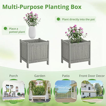 LUE BONA Outdoor Plant Pots Set of 2, 13.7" x 12.5" x 14.5" HDPS Flower Pots with Drainage Holes, Outdoor Planter Box for Outdoor Plants - Porch Patio, Garden or Entryway, Light Gray-Oil Printed