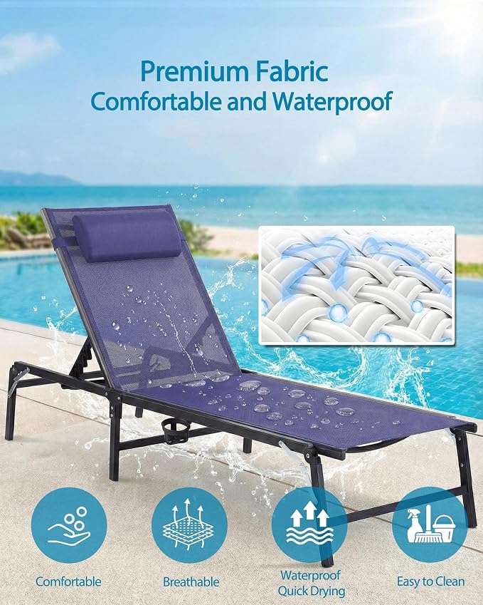 2 Pack Foldable Chaise Lounge Chair with Cup Holder, Assemble-Free Outdoor Lounge Chair with Detachable Pillow and 6 Adjustable Backrest, Patio Lounge Chair for Outside Poolside Beach Pool, Blue