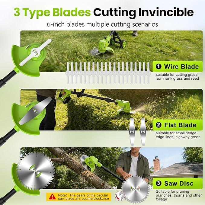 Weed Wacker Cordless with Wheel, 4 in 1 Electric Weed Eater Battery Powered Brush Cutter String Trimmer Edger, 4000mAh Stringless Weed Trimmer Lightweight Grass Trimmer Mower, 2 Battery and Charegr