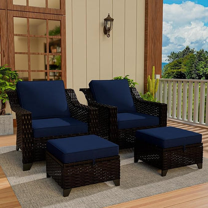 VistaVibe 4 Pieces Outdoor Patio Conversation Furniture Set - 2 Luxurious Armchairs | 2 Wicker Ottomans, Removable Cushions, Hand-Woven PE Rattan, Office, Porch (Brown/Navy)
