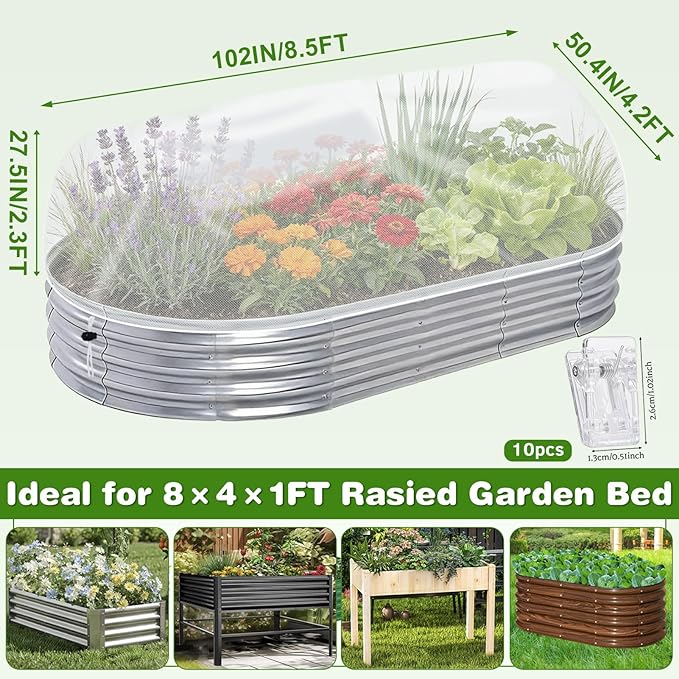 2 Pack Garden Netting for 8x4x1ft Raised Beds, Ultra-Fine Mesh Plant Covers with Drawstring&10 Clips, Bird, Pest & Small Animal Barrier for Protecting Vegetables, Fruits & Flowers