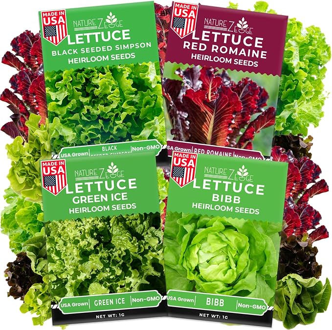 NatureZ Edge Lettuce Seeds for Planting, 4 Popular Varieties Non-GMO Heirloom Seeds, Red Romaine, Bibb Butter, Black Seeded Simpson, Green Ice Lettuce, Romaine, Salad Lettuce, Hydroponic Garden, USA