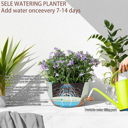 2 Pack 12 Inch Large Hanging Planters with Chains Self Watering Green Brown Plastic Hanging Pots for Indoor Outdoor Plants, Garden Porch Home Decor，Green Brown