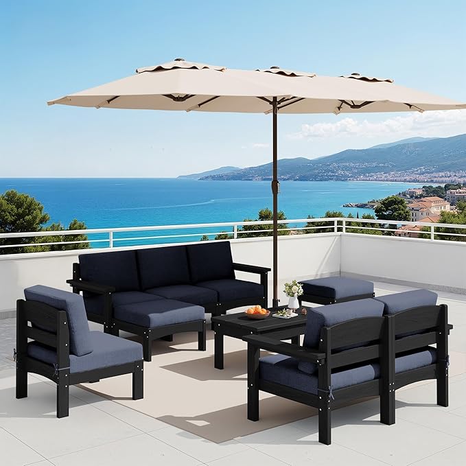 SERWALL 9 Pieces Patio Furniture Set with 15FT Double Side Patio Umbrella, HDPE Outdoor Sectional Sofas, Outdoor Couch Set, Large Modular Conversation Set for Garden, Black Frame with Grey Cushion