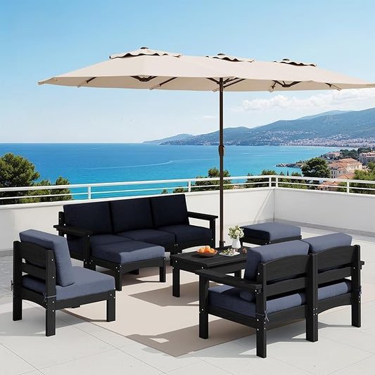 SERWALL 9 Pieces Patio Furniture Set with 15FT Double Side Patio Umbrella, HDPE Outdoor Sectional Sofas, Outdoor Couch Set, Large Modular Conversation Set for Garden, Black Frame with Grey Cushion