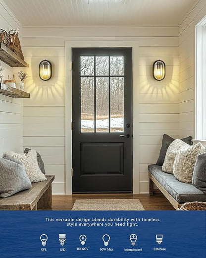 FEMILA 11" Oval Bulkhead Exterior Wall Sconce, 2 Pack Wall Light & Ceiling Flush Mount, Aluminum, Ripple Glass, Front Porch Light for Patio/Garage/Entry, 4FYX104FL-2 BK SW