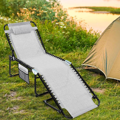 Tangkula Beach Lounge Chair for Outside, Folding Chaise Lounge Outdoor with 4-Position Backrest, Removable Headrest and Side Pocket, Portable Sunbathing Tanning Chair for Patio, Poolside (2, Grey)