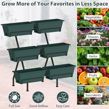 Sunexinlo 3-Tier Vertical Garden Planter with 6 Boxes, 31" Tall Raised Garden Bed with Adjustable Feet for Herbs, Flowers, Vegetables, Ideal for Indoor, Outdoor, Patio, Balcony, Deck Use, Green