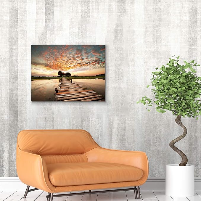 Landscape Artworks Pictures Wall Art: Stairway to Heaven’s Sunset Stunning Lake Bridge Print on Canvas for Living Room (18” x 24” x 1 Panel)