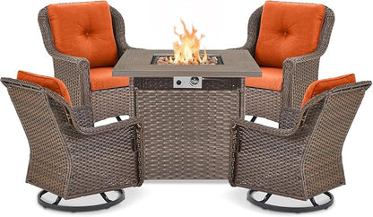 Outdoor Patio Swivel Gliders with Fire Pit Table 5 Piece Set - High Back Brown Wicker Rattan Rocking Chair with Thick Cushion for Porch Apartment Deck Yard Poolside Garden - Orange