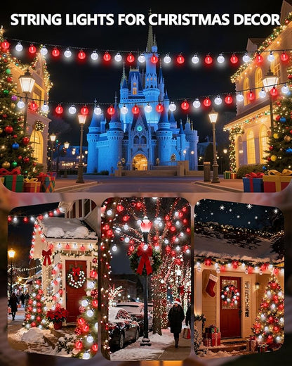 Red and White Solar Christmas String Lights, 2-Pack Total 100 LED 64FT Crystal Globe Solar Lights Outdoor Waterproof, Christmas Decorations with 8 Lighting Modes for Xmas Tree Wedding Patio Party