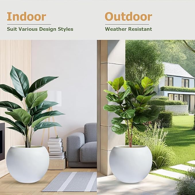 13.5 H x 17" Dia (12" Pot Opening) Round Fiberstone Planter with Drainage Hole, Indoor/Outdoor Large Plant/Christmas tree decor Pot for Home Patio Garden, Ideal for Large Plants -White, 17in