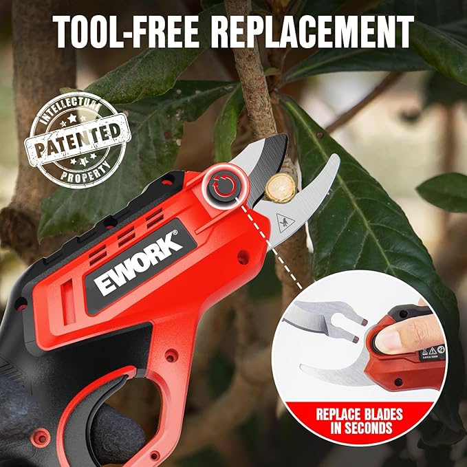 EWORK Cordless Electric Pruning Shears 4.2V Rechargeable 4000mAh Battery, 0.7 Inch Cutting Diameter, 2 SK5 Blades Quick Tool-Less Replacement, Handheld Pruner for Garden Tree Branch Trimming