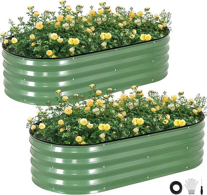 STBoo Galvanized Raised Garden Bed Outdoor, 2Pcs 4x2x1ft Oval Planter Box with Rubber Strip, Metal Raised Bed Kit for Vegetables Flowers Herbs, Olive Green