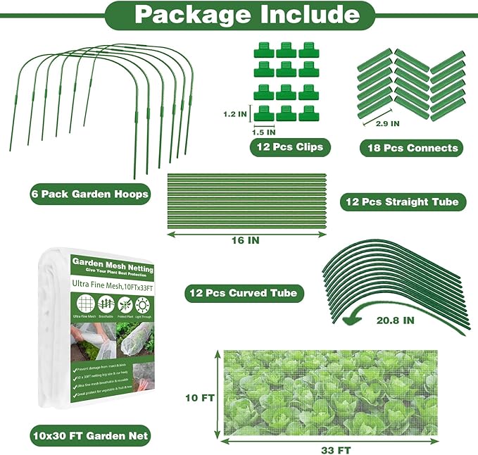 Garden Mesh Netting Kit, 10x33FT Ultra Fine Mesh Netting with 6 Sets Fiberglass Garden Hoops & 12 Clips for Tree Fruit Barrier Vegetable Fruits Flowers Shrubs Plant Covers Net