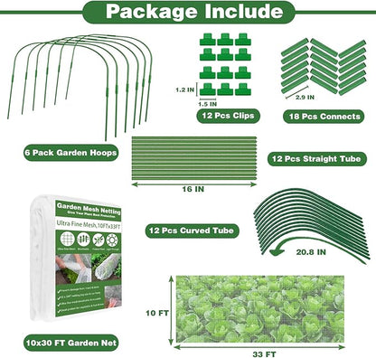 Garden Mesh Netting Kit, 10x33FT Ultra Fine Mesh Netting with 6 Sets Fiberglass Garden Hoops & 12 Clips for Tree Fruit Barrier Vegetable Fruits Flowers Shrubs Plant Covers Net