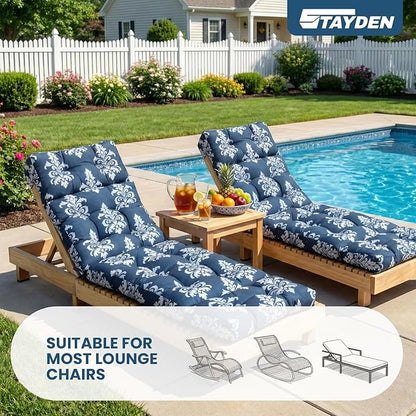 Outdoor Lounge Chair Cushions, Chaise Lounge Chair Cushions Replacement for Patio Furniture with Ties Waterproof Fabric Pool Chasie Cushion 74.4 x 22 x 4.7 Inches Blue and White Flowers