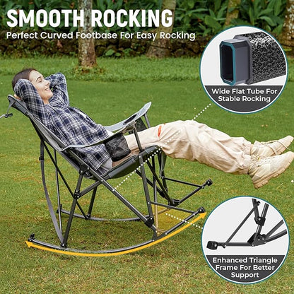 FUNDANGO Oversized Rocking Camping Chair for Adults, Portable Folding Lawn Chairs for Outside with Pillows, Wide Armrest, 2 Cup Holders, Carry Bag for Patio Garden Outdoor Supports 400Lbs (Grey)