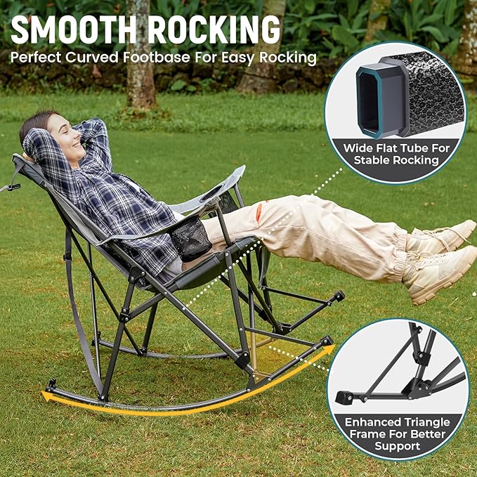 FUNDANGO Oversized Rocking Camping Chair for Adults, 2 Pack Portable Folding Lawn Chairs for Outside with Pillows, Wide Armrest, 2 Cup Holders, Carry Bag for Patio Garden Outdoor Supports 400Lbs(Gery)