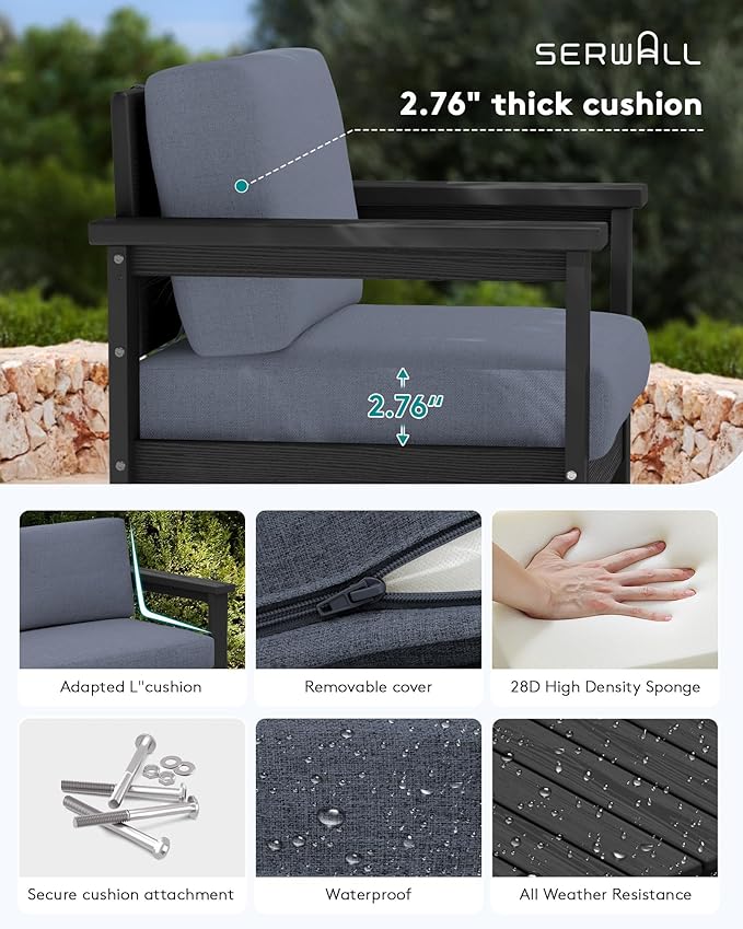 SERWALL 2 Pieces Single Cushioned Lounge Chair, Black HDPE Outdoor Adirondack Sofa Armchair with Grey Cushion