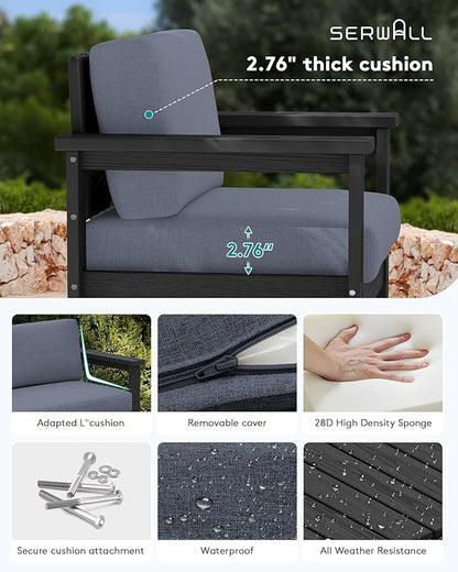 SERWALL 2 Pieces Single Cushioned Lounge Chair, Black HDPE Outdoor Adirondack Sofa Armchair with Grey Cushion