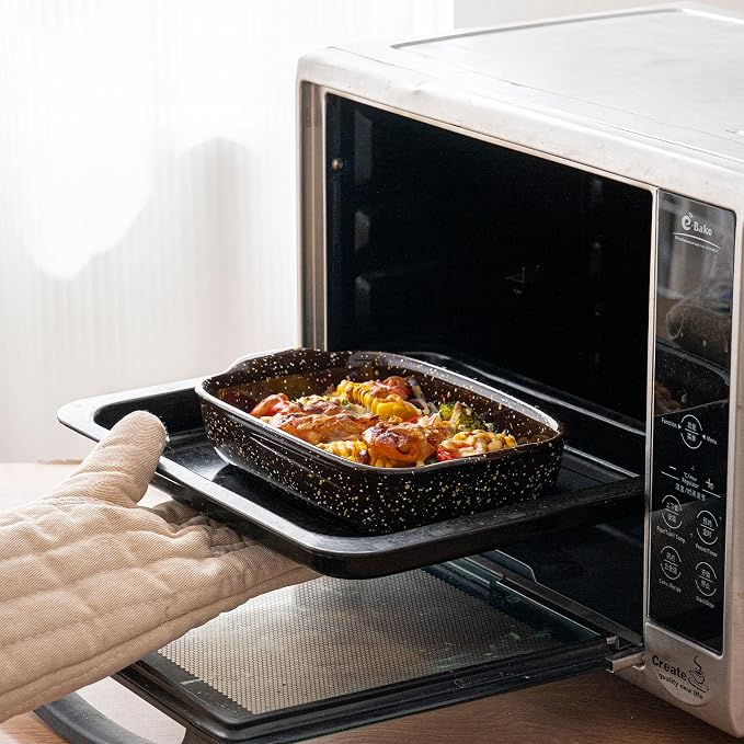3-Pack Deep Rectangular Ceramic Baking Dishes, Heavy-Duty Oven-Safe Stoneware Casserole Pans for Lasagna Baking, High Heat Resistant Handcrafted Glazed Finish,Speckle Series(13.8''/12''/9.6'' Brown)