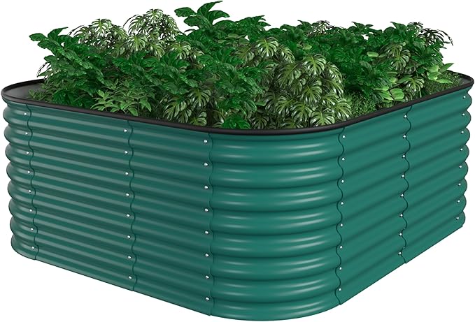 MUPATER 9-in-1 Galvanized Steel Planter Box, 24''H Modular Garden Bed Outdoor with 2 Aluminum Support Rods, 6x3x2FT Raised Garden Bed Kit Oval for Herbs, Vegetables and Flowers, Garden, Green