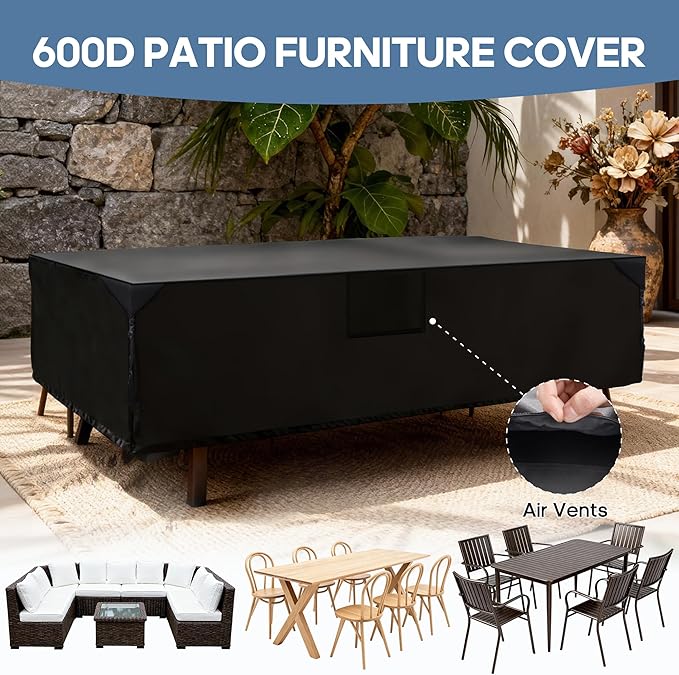 DUMOS Patio Furniture Cover Rectangular Heavy Duty 600D Waterproof UV Resistant Outdoor Sofa Couch Sectional Cover for Deck Table Chairs Backyard Dining Sets, 126"L x 63"W x 28"H, Black