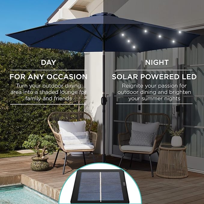 Best Choice Products 10ft Solar Polyester LED Lighted Patio Umbrella w/Tilt Adjustment and UV-Resistant Fabric - Navy Blue