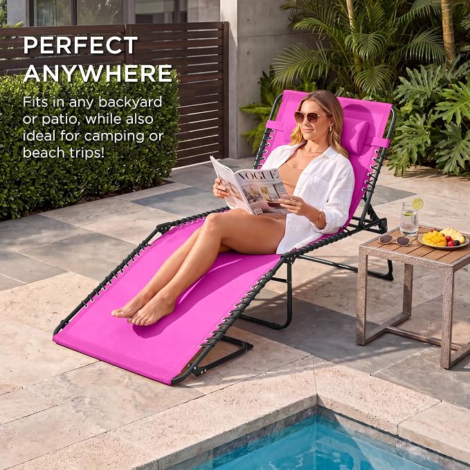 Best Choice Products Extra Wide Patio Chaise Lounge Chair, Portable Outdoor Folding Recliner for Lawn, w/ 8 Positions, Handles, 440lb Capacity - Hot Pink